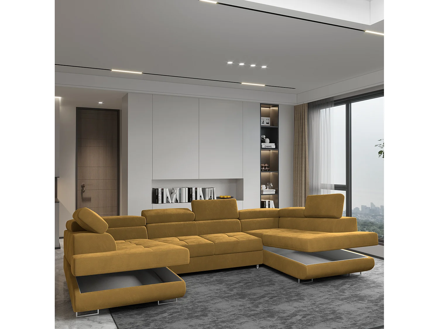 Canapé d'angle RAGGIO Jaune en velours avec fonction de couchage