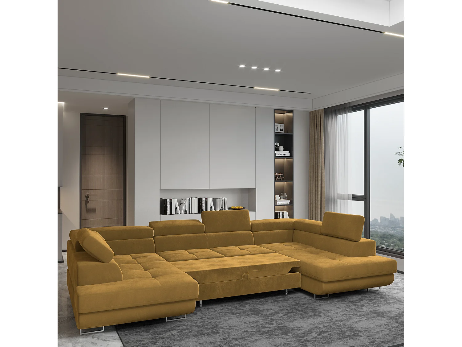 Canapé d'angle RAGGIO Jaune en velours avec fonction de couchage