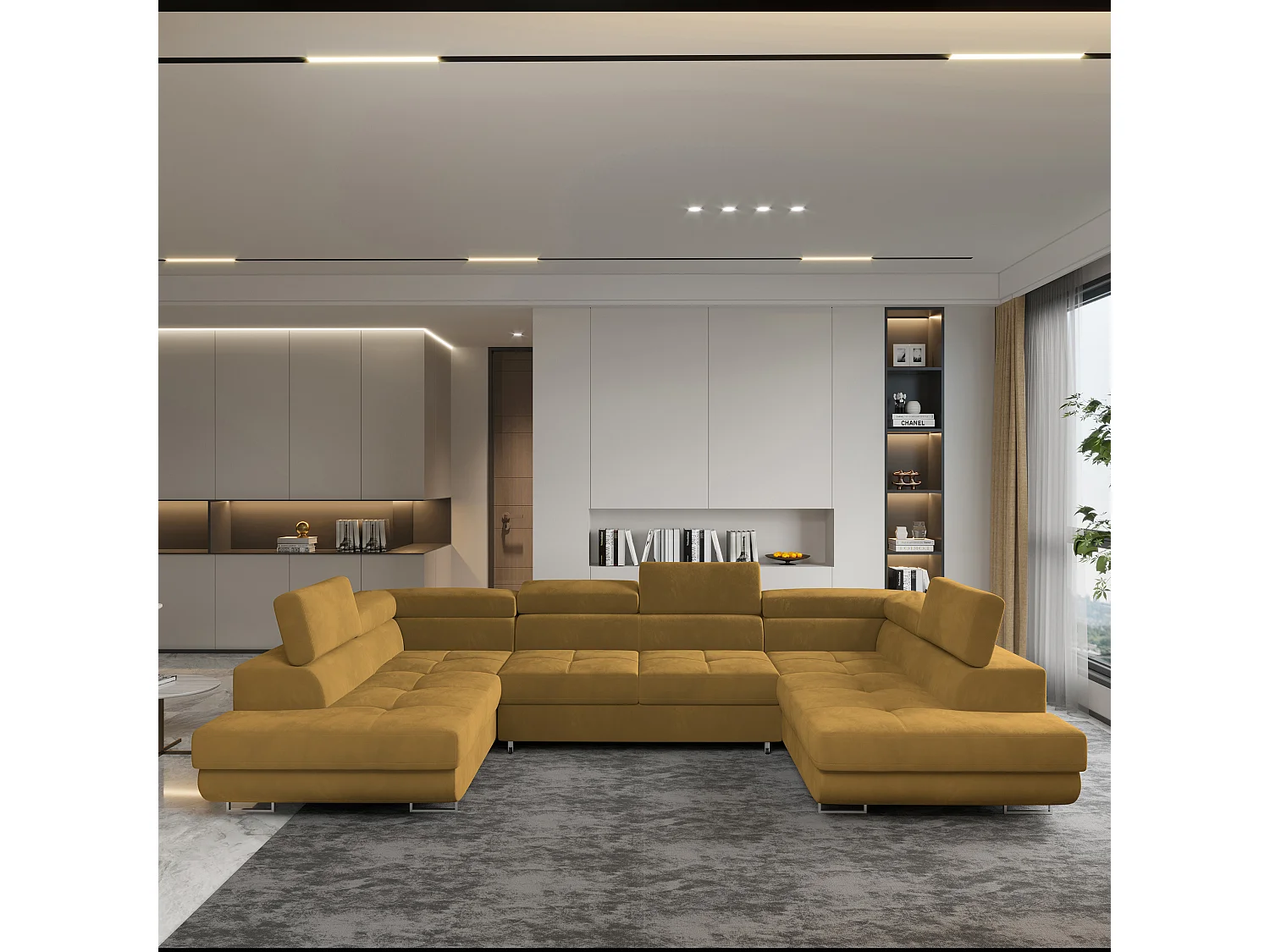 Canapé d'angle RAGGIO Jaune en velours avec fonction de couchage