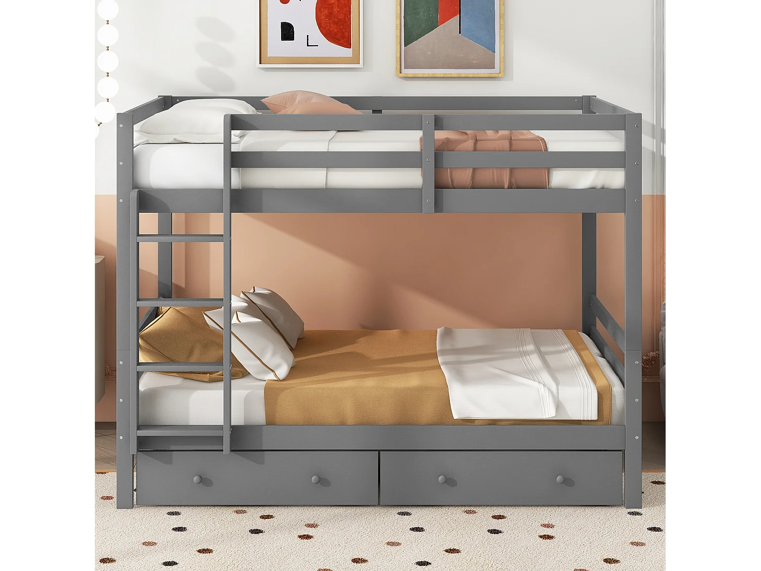 Lit superposé enfant 140x200 cm avec rangement et tiroir amovible en pin et MDF gris (Sans matelas)