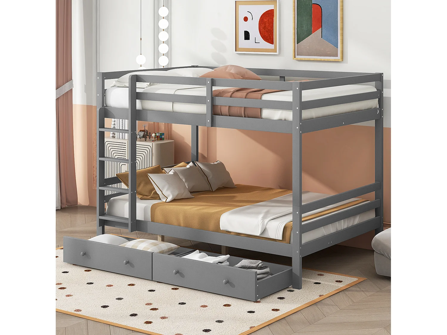 Lit superposé enfant 140x200 cm avec rangement et tiroir amovible en pin et MDF gris (Sans matelas)
