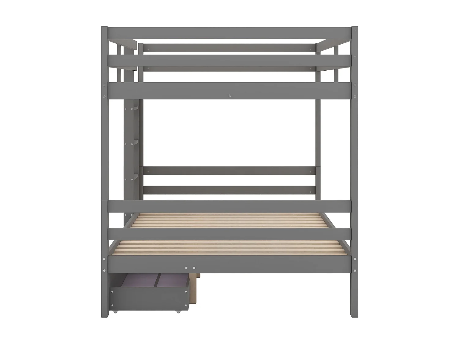 Lit superposé enfant 140x200 cm avec rangement et tiroir amovible en pin et MDF gris (Sans matelas)