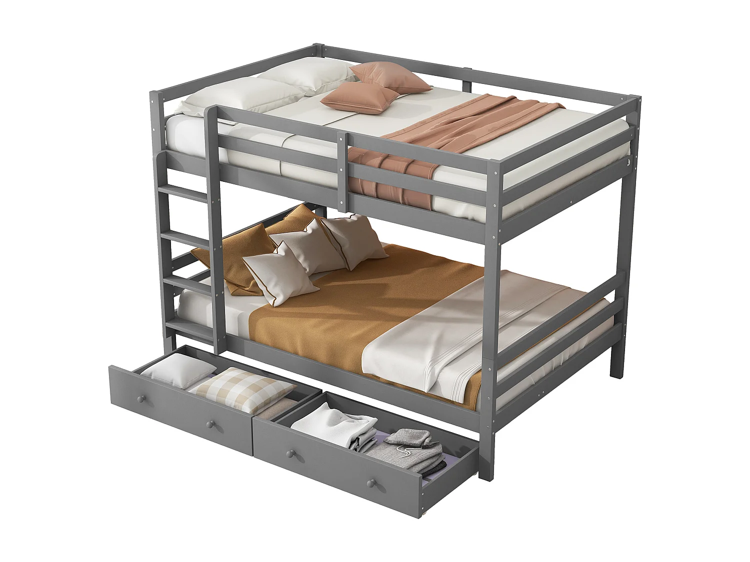 Lit superposé enfant 140x200 cm avec rangement et tiroir amovible en pin et MDF gris (Sans matelas)
