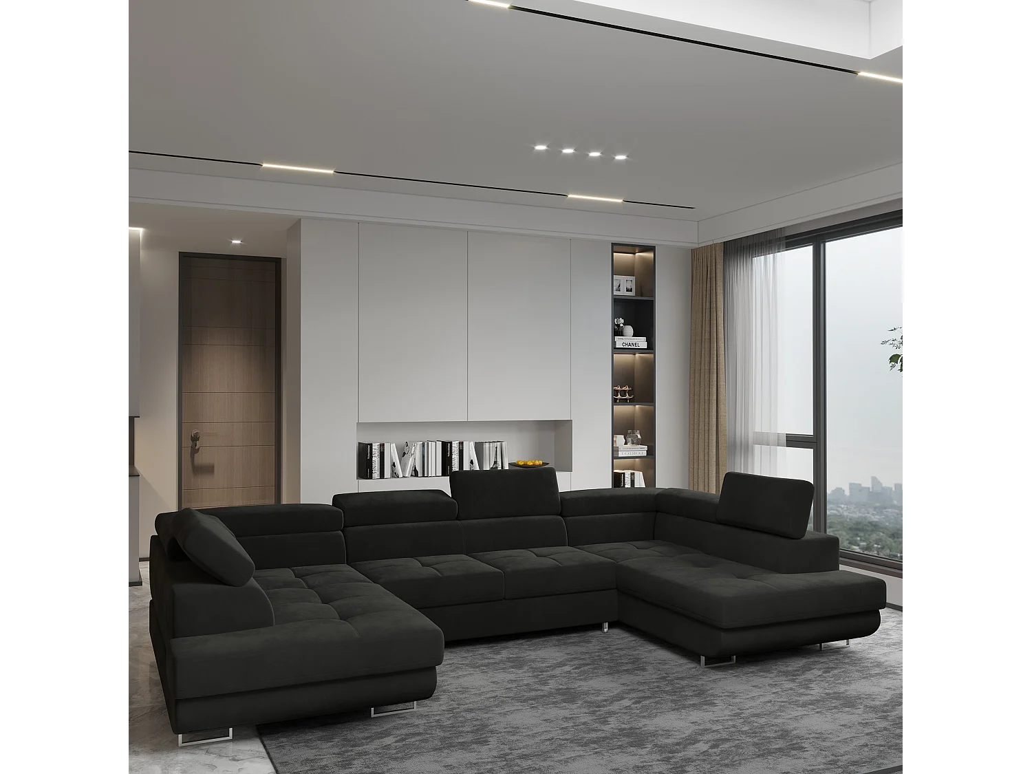 Canapé d'angle RAGGIO Noir en velours avec fonction de couchage