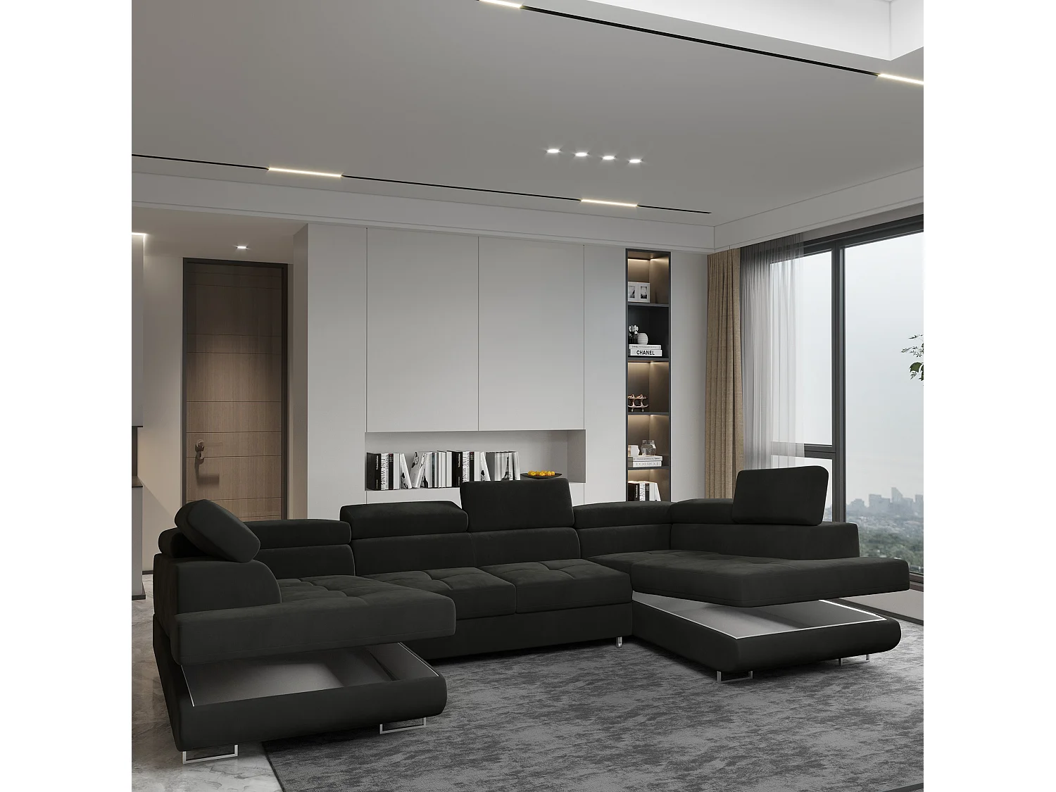 Canapé d'angle RAGGIO Noir en velours avec fonction de couchage