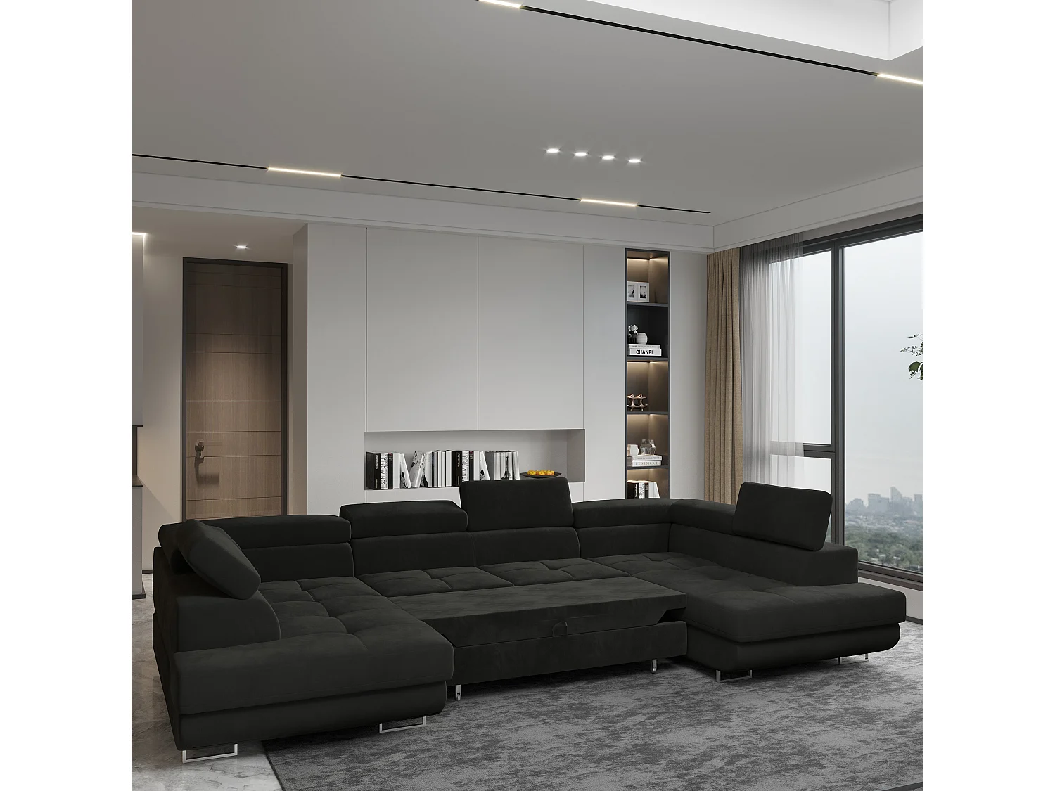 Canapé d'angle RAGGIO Noir en velours avec fonction de couchage