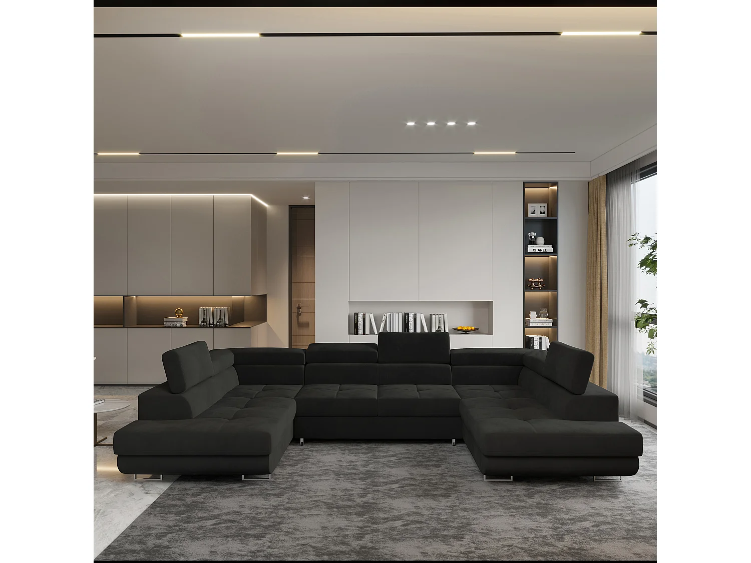 Canapé d'angle RAGGIO Noir en velours avec fonction de couchage