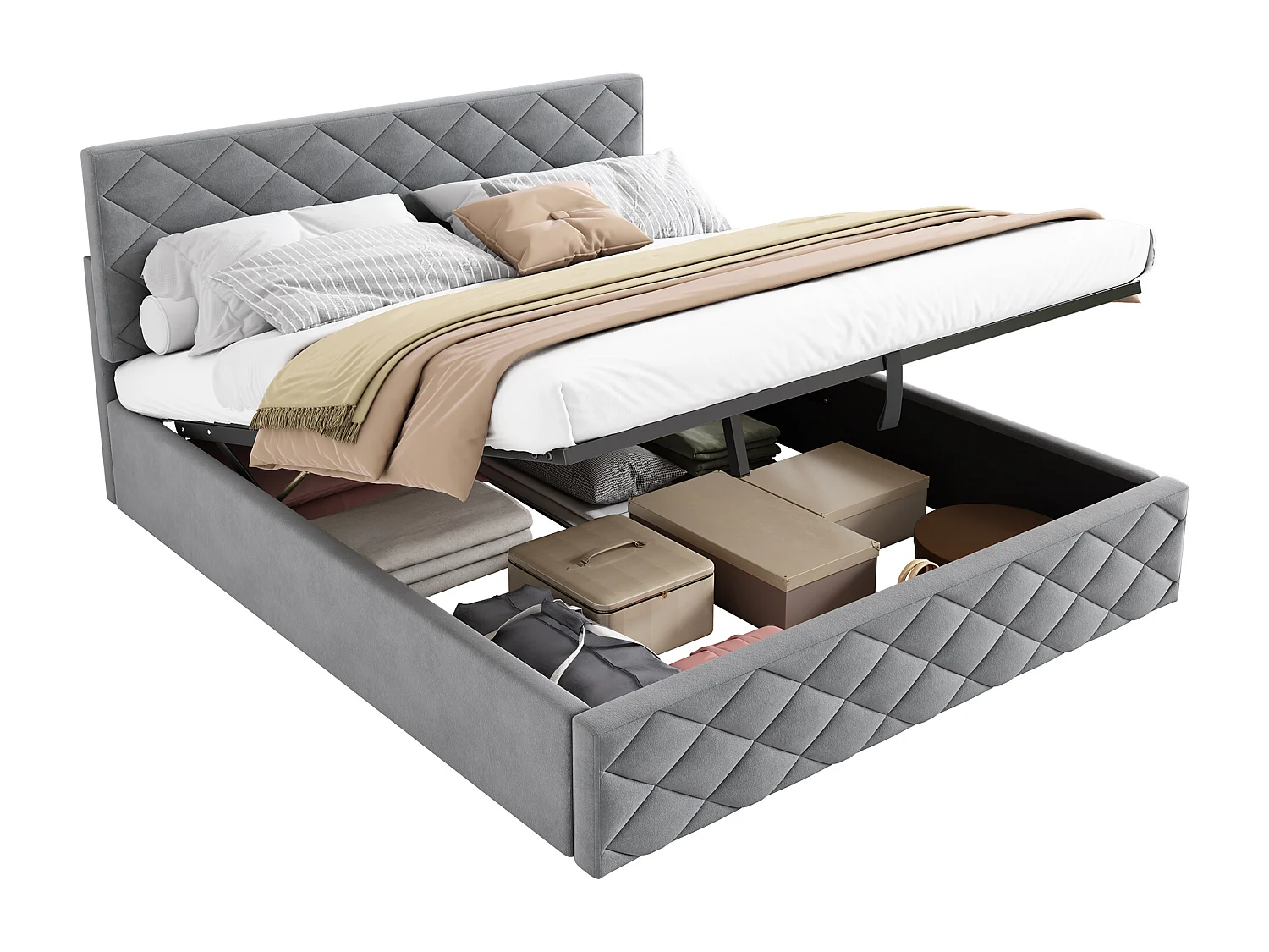 Lit coffre 140x200 cm, système hydraulique, avec sommier à lattes, velours gris(Sans matelas)