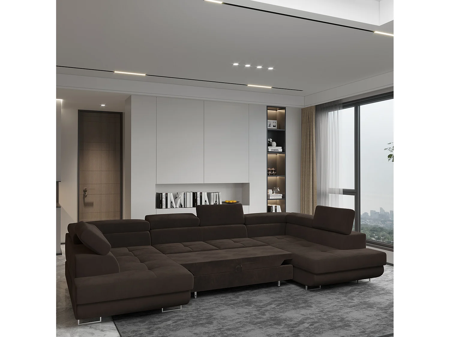 Hoekbank RAGGIO van fluweel met slaapfunctie Braun