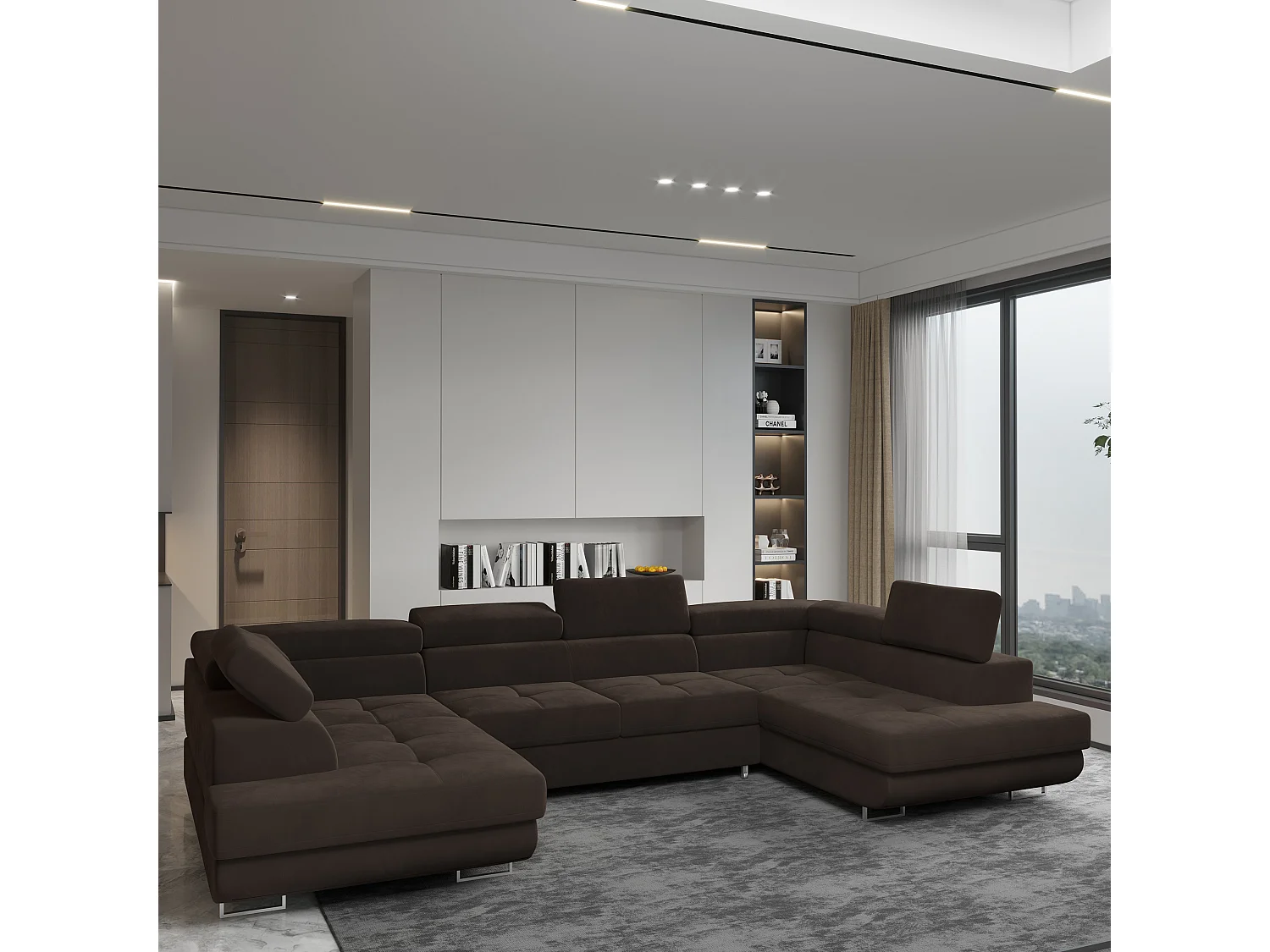 Canapé d'angle RAGGIO Marron en velours avec fonction de couchage