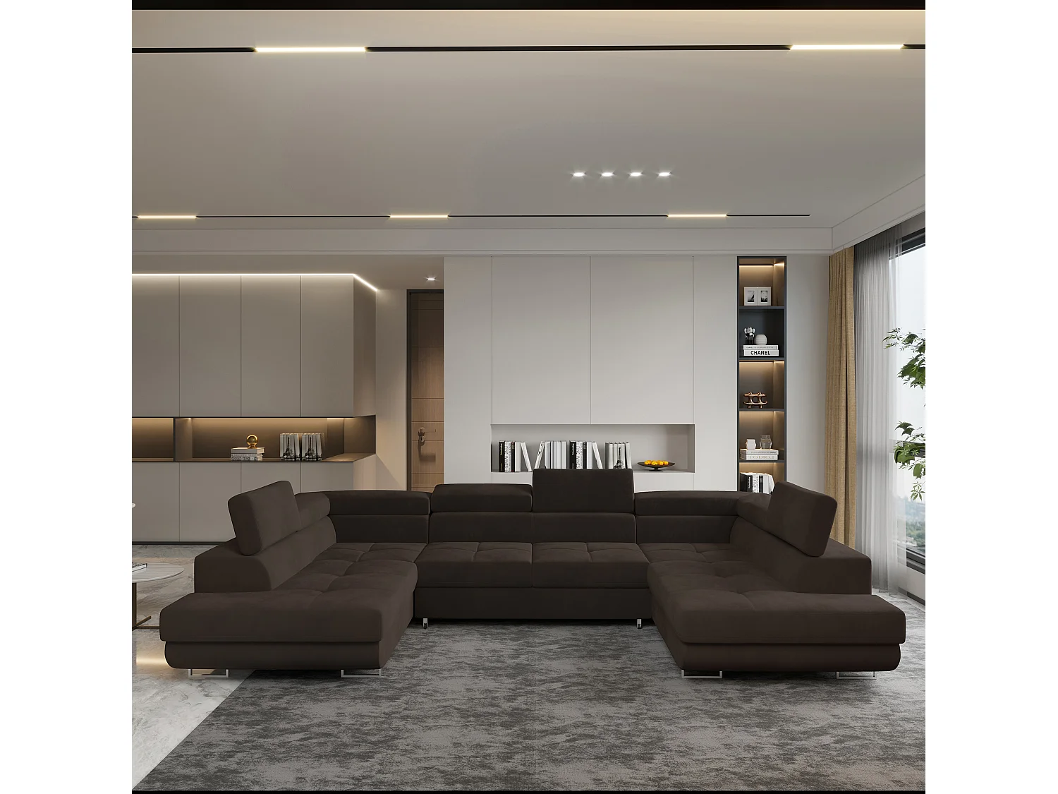 Canapé d'angle RAGGIO Marron en velours avec fonction de couchage