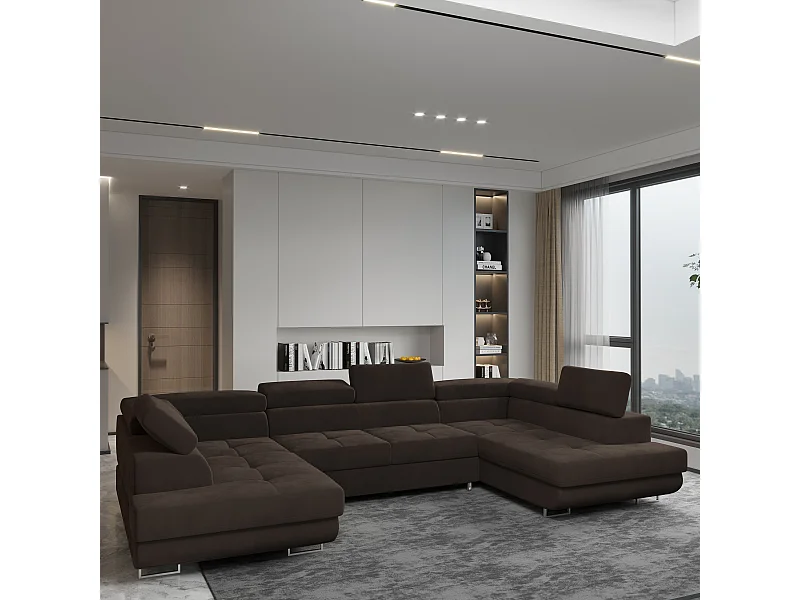 Canapé d'angle RAGGIO Marron en velours avec fonction de couchage