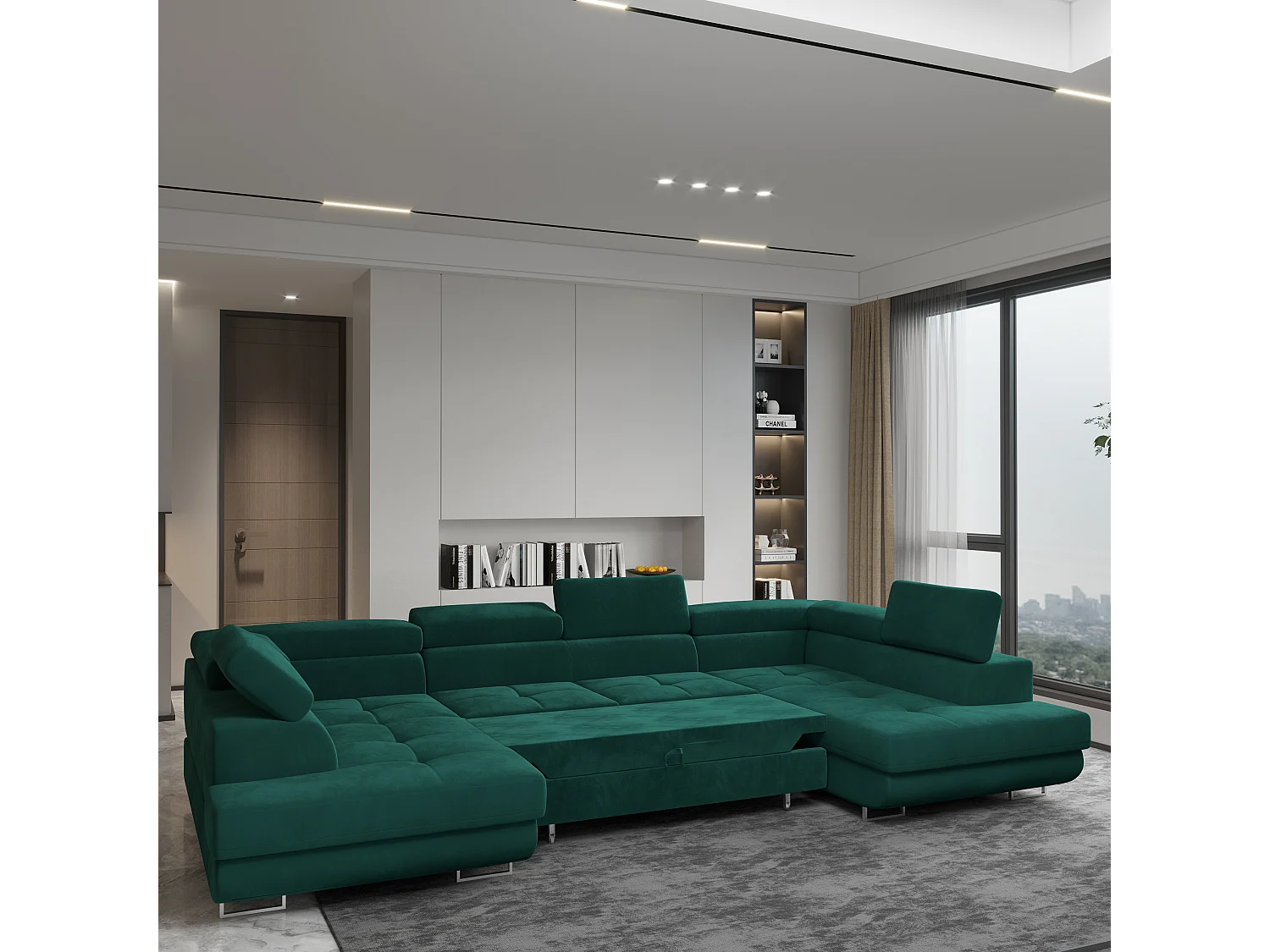 Canapé d'angle RAGGIO Vert en velours avec fonction de couchage