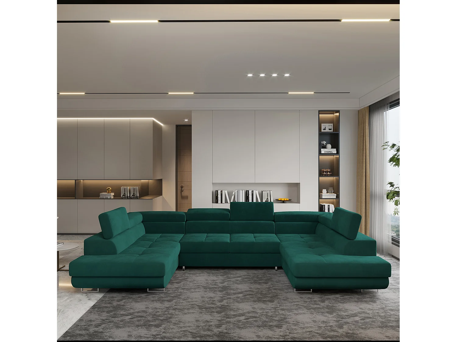 Canapé d'angle RAGGIO Vert en velours avec fonction de couchage