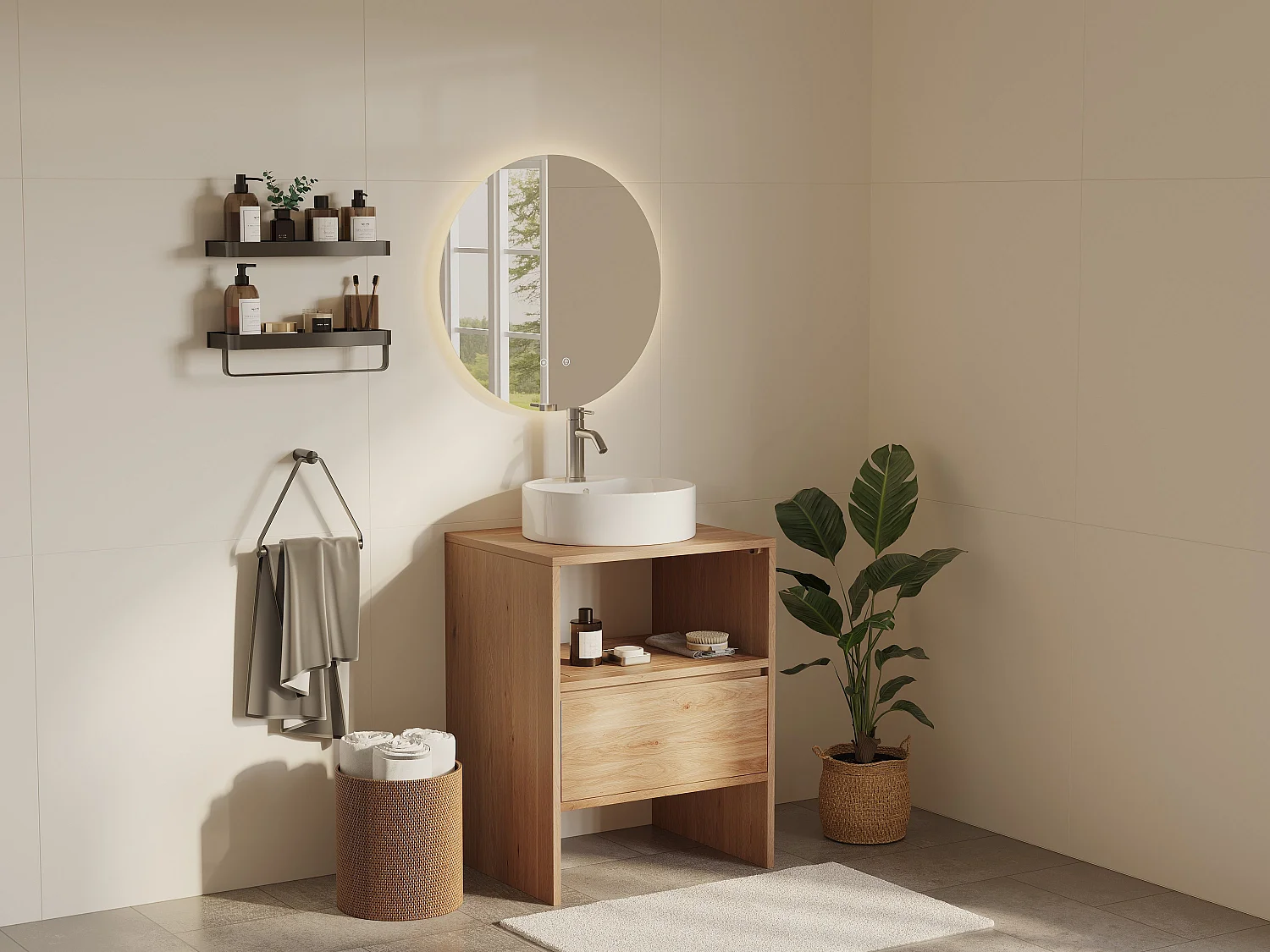 Unterschrank aus Massivholz Eiche mit rundem Aufsatzbecken, Armatur und Spiegel - Hell Natur - 60 cm - CAVIZO