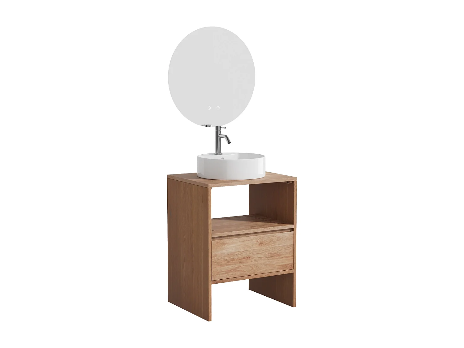 Unterschrank aus Massivholz Eiche mit rundem Aufsatzbecken, Armatur und Spiegel - Hell Natur - 60 cm - CAVIZO