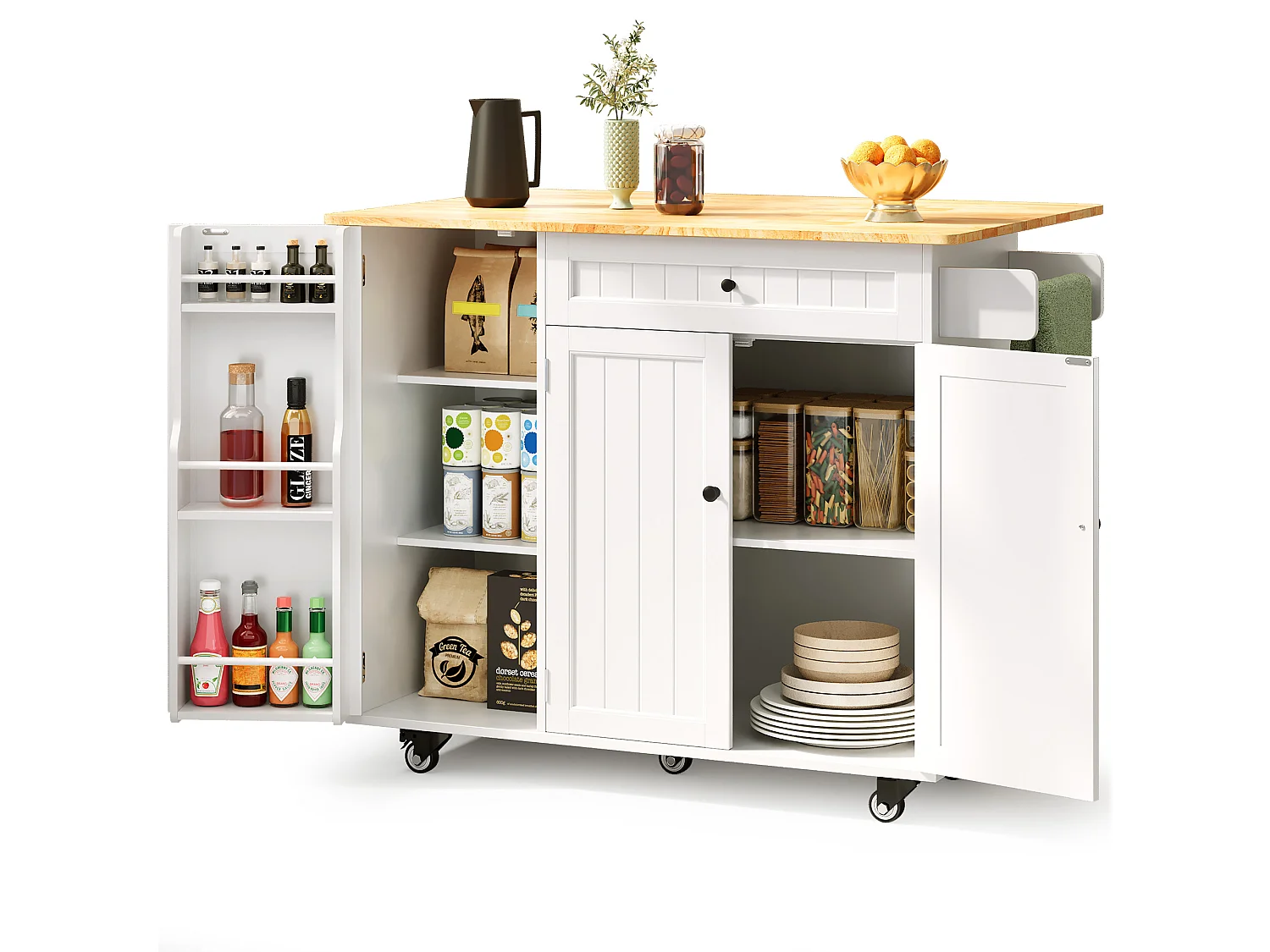 Îlot de cuisine mobile avec 3 portes et 1 tiroir plateau extensible 130x45(75)x88 cm blanc
