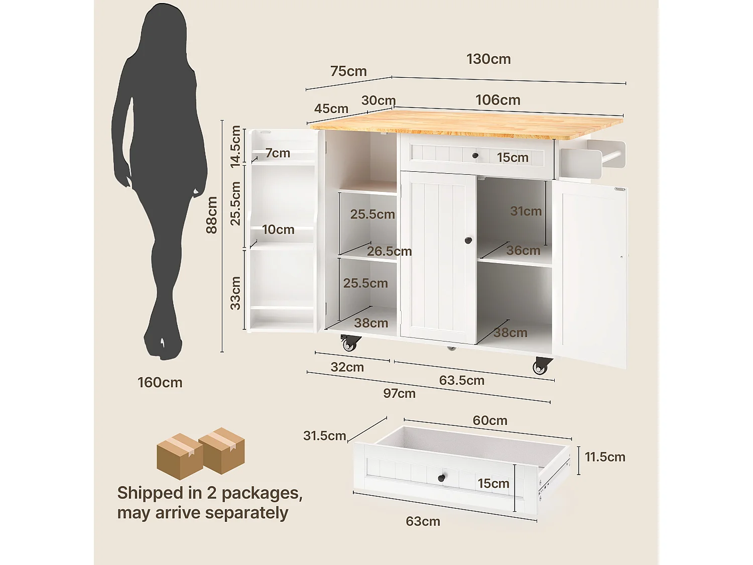 Îlot de cuisine mobile avec 3 portes et 1 tiroir plateau extensible 130x45(75)x88 cm blanc