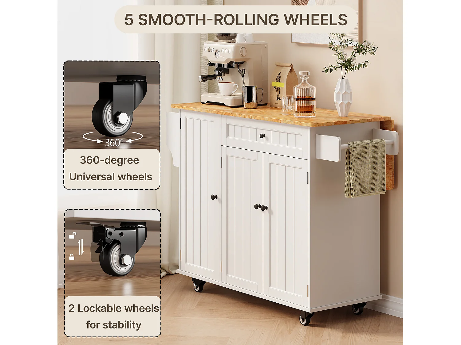 Îlot de cuisine mobile avec 3 portes et 1 tiroir plateau extensible 130x45(75)x88 cm blanc