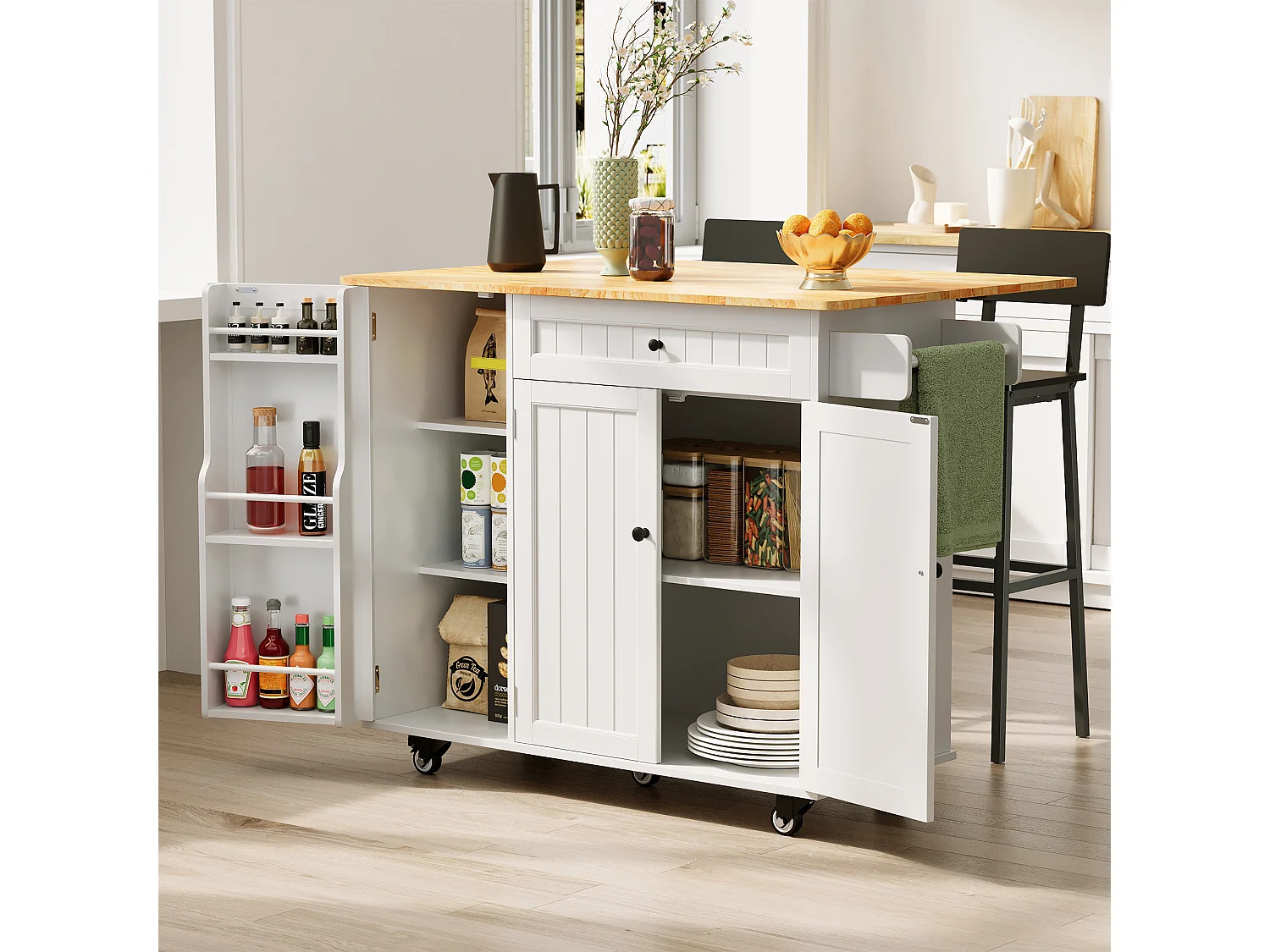 Îlot de cuisine mobile avec 3 portes et 1 tiroir plateau extensible 130x45(75)x88 cm blanc
