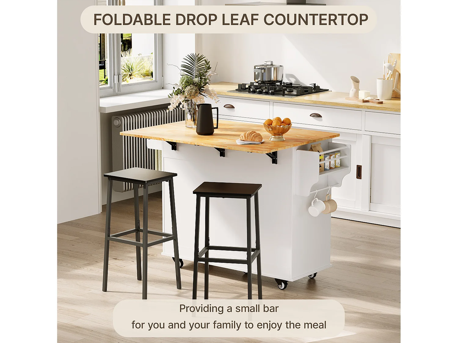 Îlot de cuisine mobile avec 3 portes et 1 tiroir plateau extensible 130x45(75)x88 cm blanc