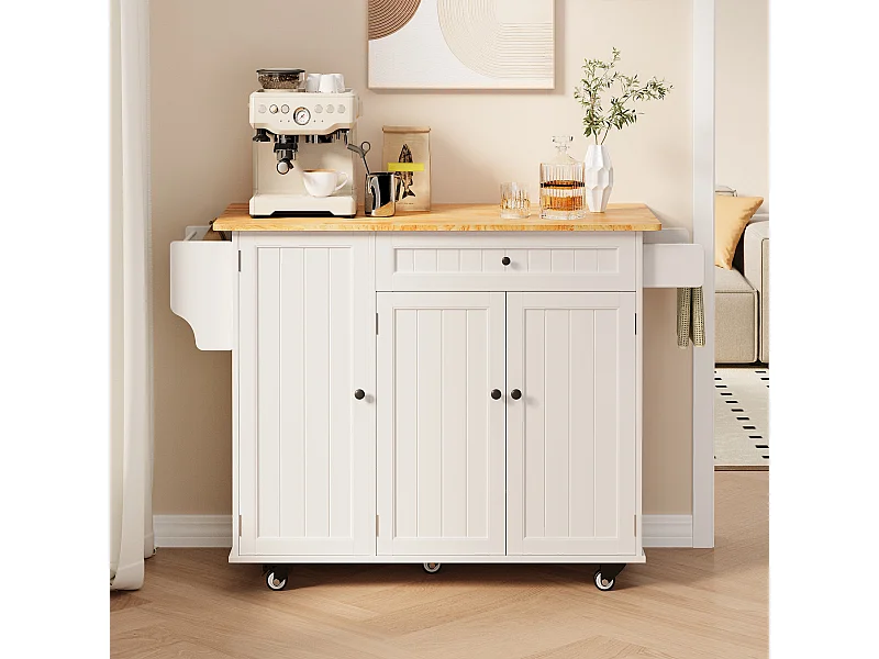 Îlot de cuisine mobile avec 3 portes et 1 tiroir plateau extensible 130x45(75)x88 cm blanc