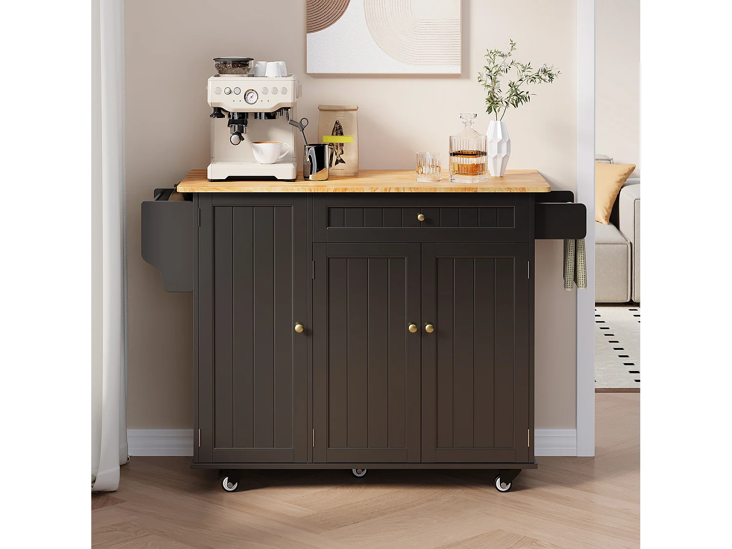 Îlot de cuisine mobile avec 3 portes et 1 tiroir plateau extensible 130x45(75)x88 cm noir