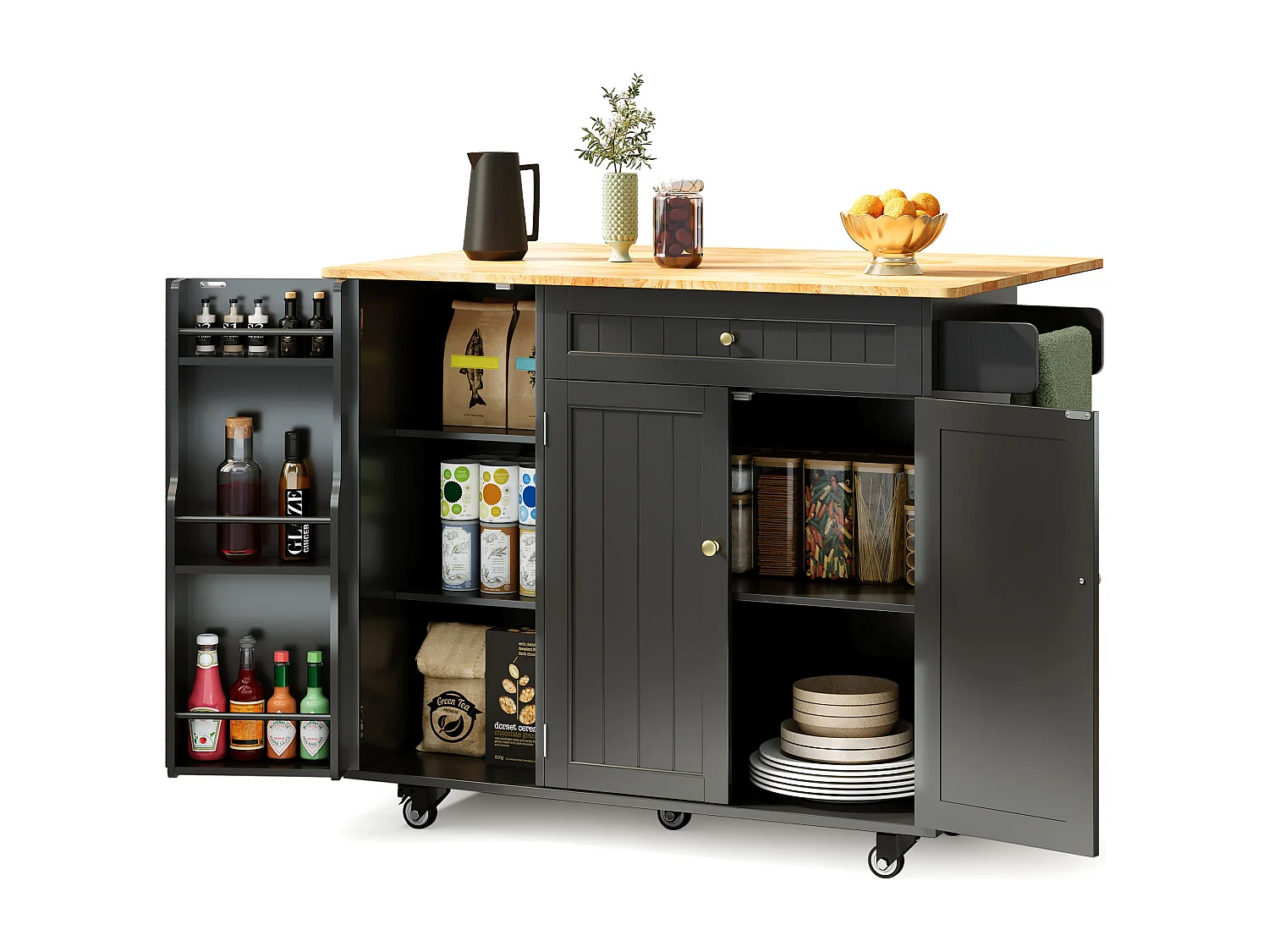 Îlot de cuisine mobile avec 3 portes et 1 tiroir plateau extensible 130x45(75)x88 cm noir