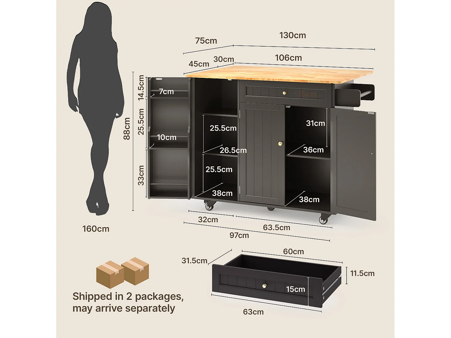 Îlot de cuisine mobile avec 3 portes et 1 tiroir plateau extensible 130x45(75)x88 cm noir