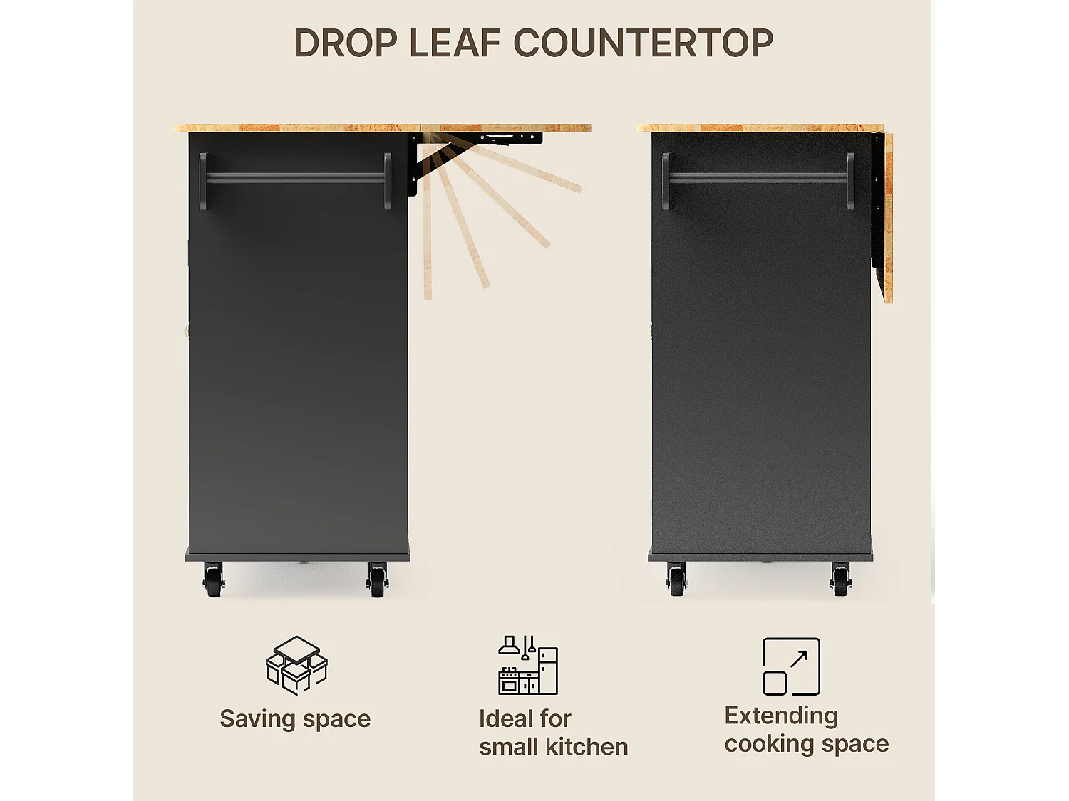 Îlot de cuisine mobile avec 3 portes et 1 tiroir plateau extensible 130x45(75)x88 cm noir