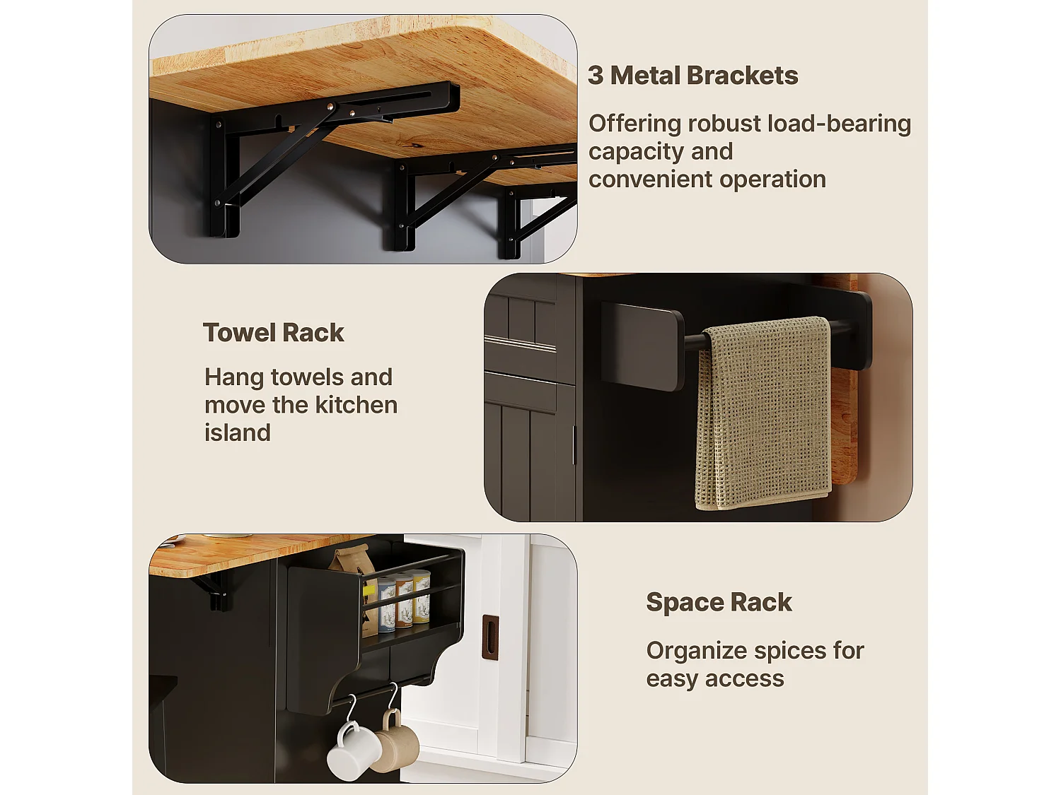 Îlot de cuisine mobile avec 3 portes et 1 tiroir plateau extensible 130x45(75)x88 cm noir