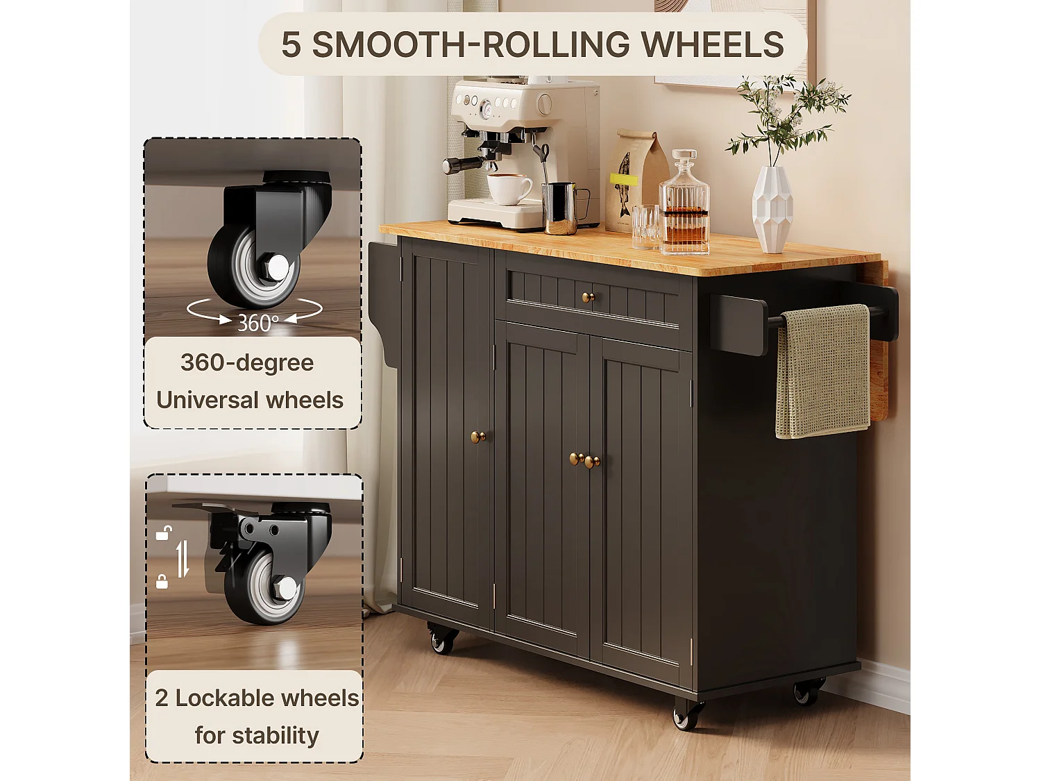 Îlot de cuisine mobile avec 3 portes et 1 tiroir plateau extensible 130x45(75)x88 cm noir