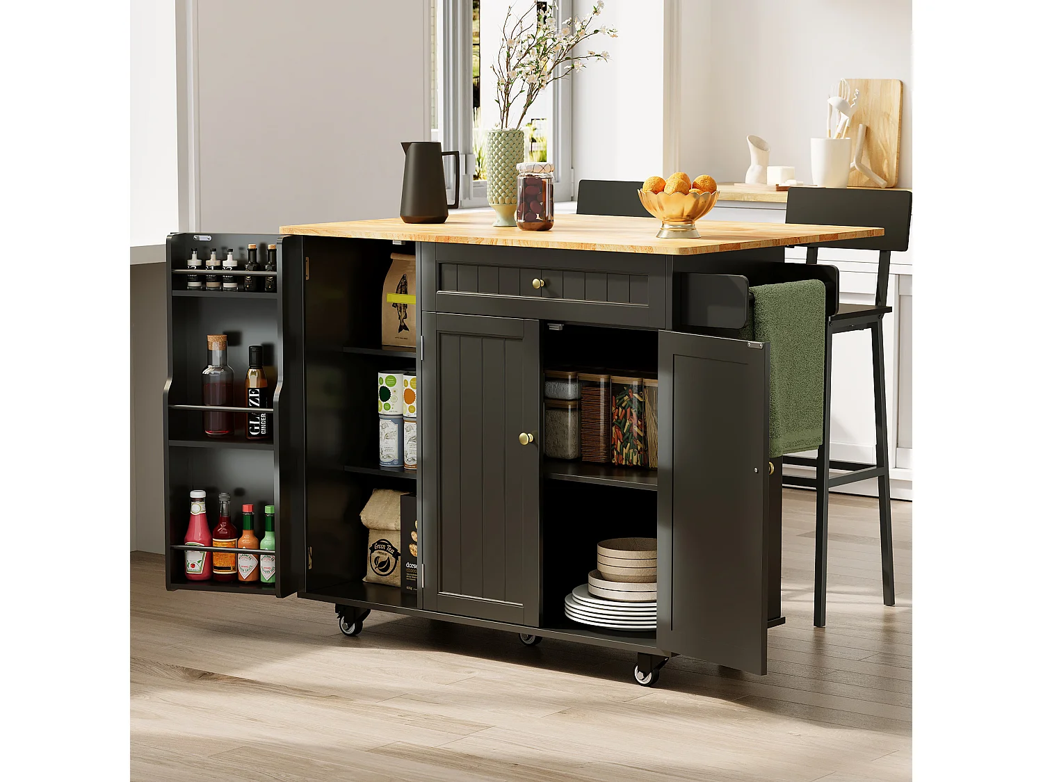 Îlot de cuisine mobile avec 3 portes et 1 tiroir plateau extensible 130x45(75)x88 cm noir