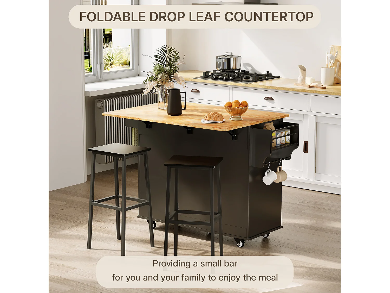 Îlot de cuisine mobile avec 3 portes et 1 tiroir plateau extensible 130x45(75)x88 cm noir