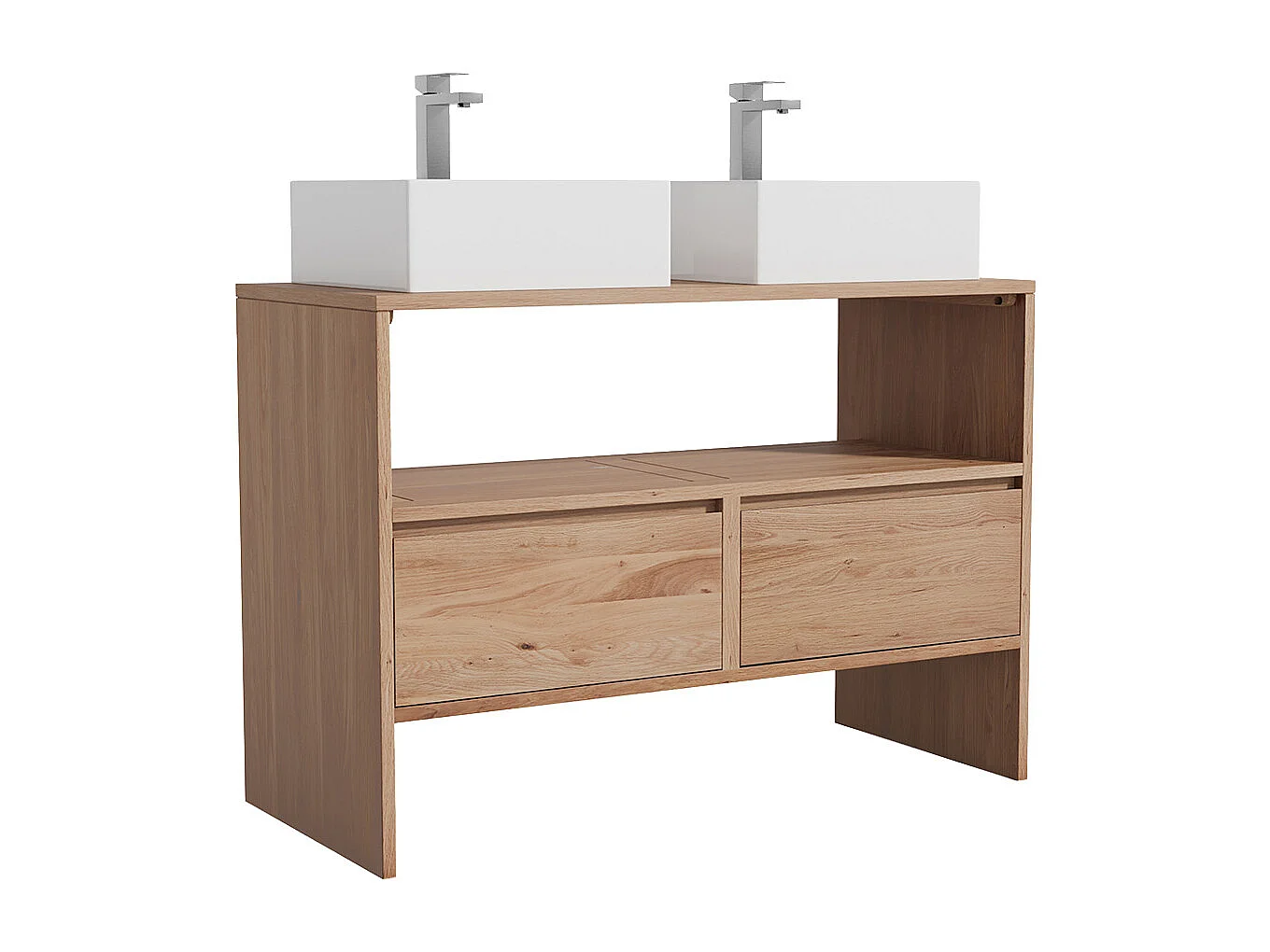 Unterschrank aus Massivholz Eiche mit quadratischem Aufsatzbecken und Armatur - Hell Natur - 110 cm - CAVIZO