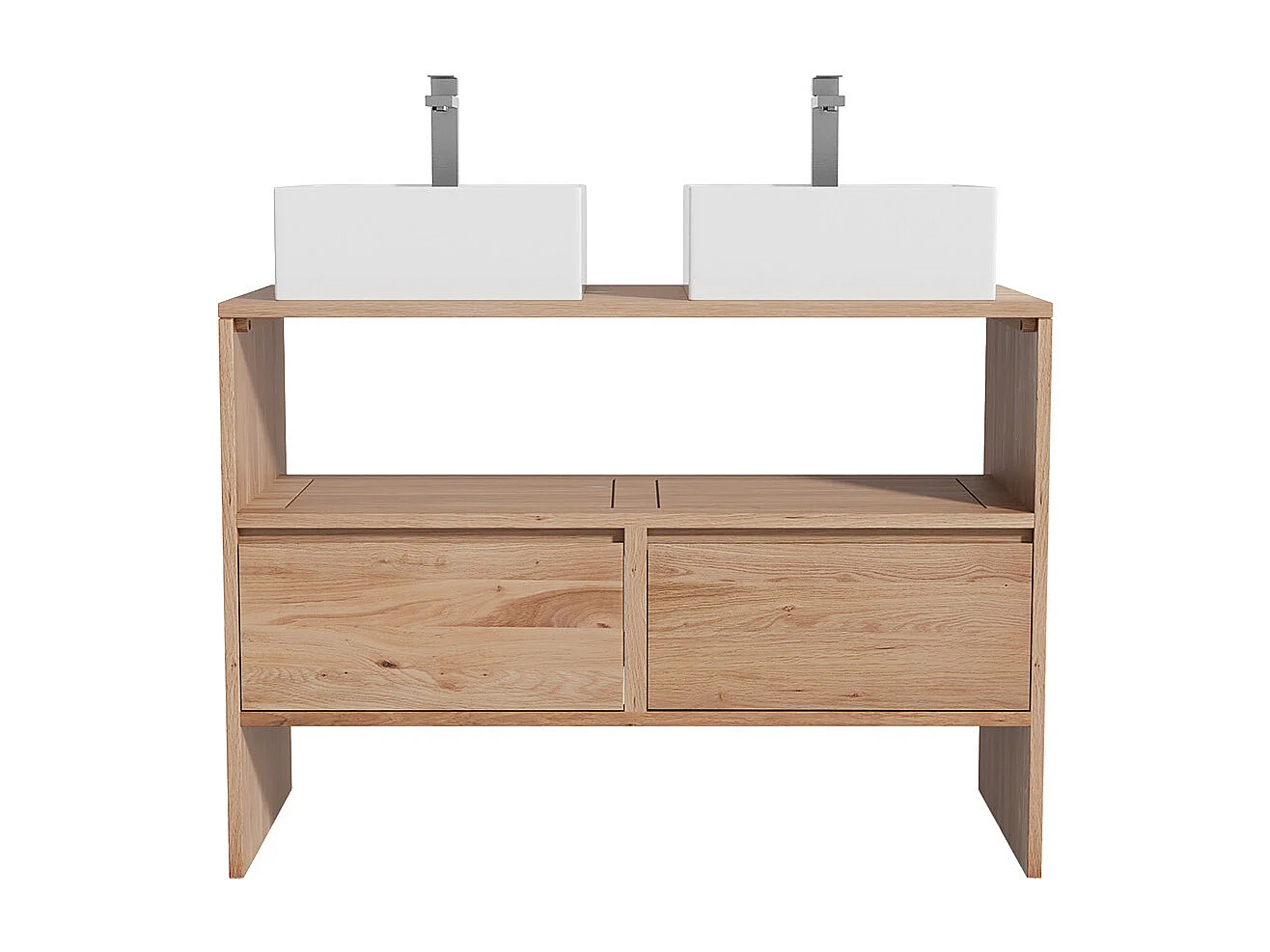 Unterschrank aus Massivholz Eiche mit quadratischem Aufsatzbecken und Armatur - Hell Natur - 110 cm - CAVIZO