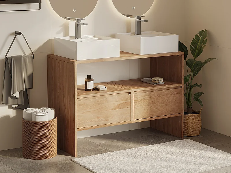 Unterschrank aus Massivholz Eiche mit quadratischem Aufsatzbecken und Armatur - Hell Natur - 110 cm - CAVIZO