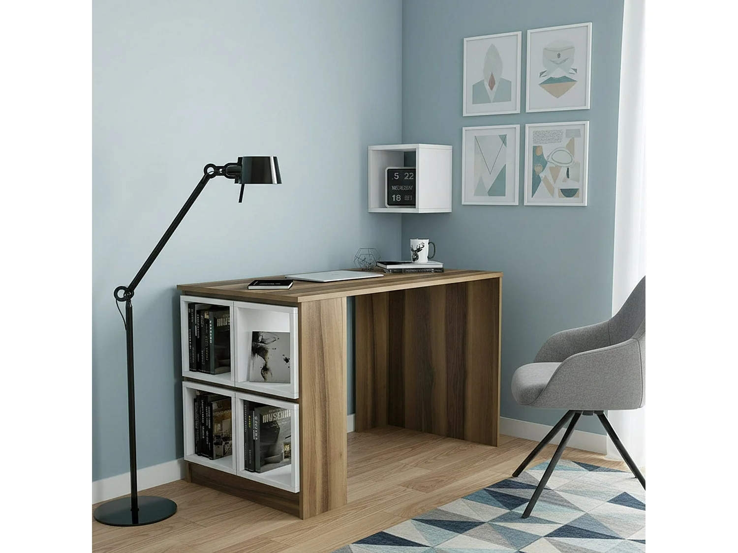 Bureau Syrma, Pupitre polyvalent, Table de bureau pour PC, Plan de travail, 120x65h75 cm, Noyer et Blanc