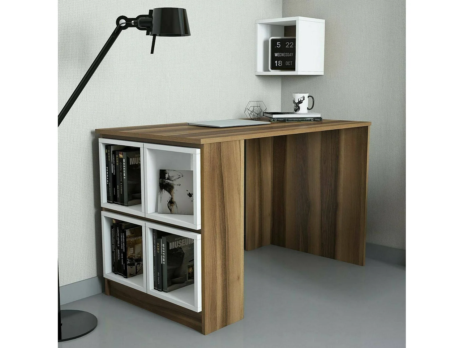 Bureau Syrma, Pupitre polyvalent, Table de bureau pour PC, Plan de travail, 120x65h75 cm, Noyer et Blanc