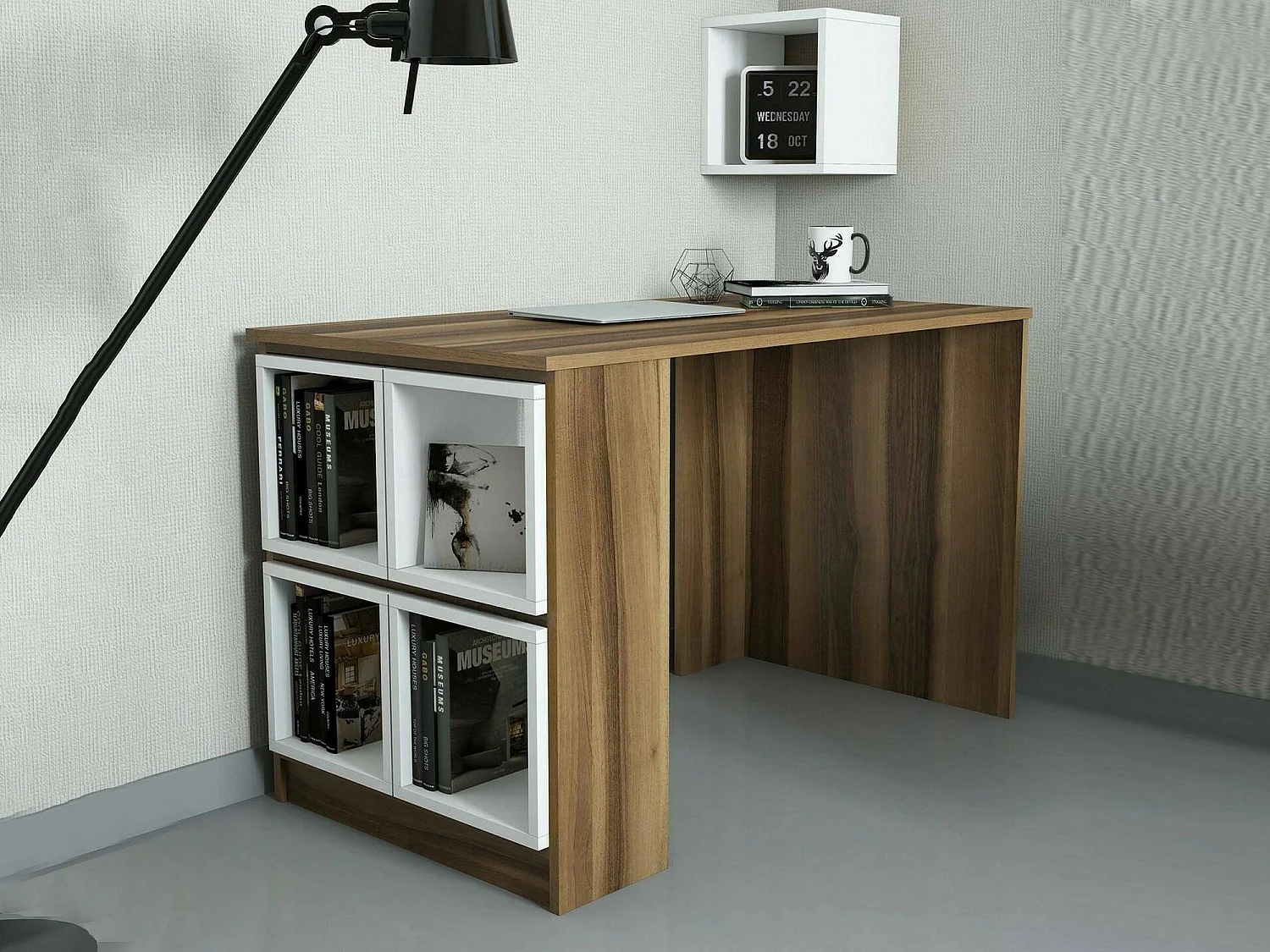 Bureau Syrma, Pupitre polyvalent, Table de bureau pour PC, Plan de travail, 120x65h75 cm, Noyer et Blanc