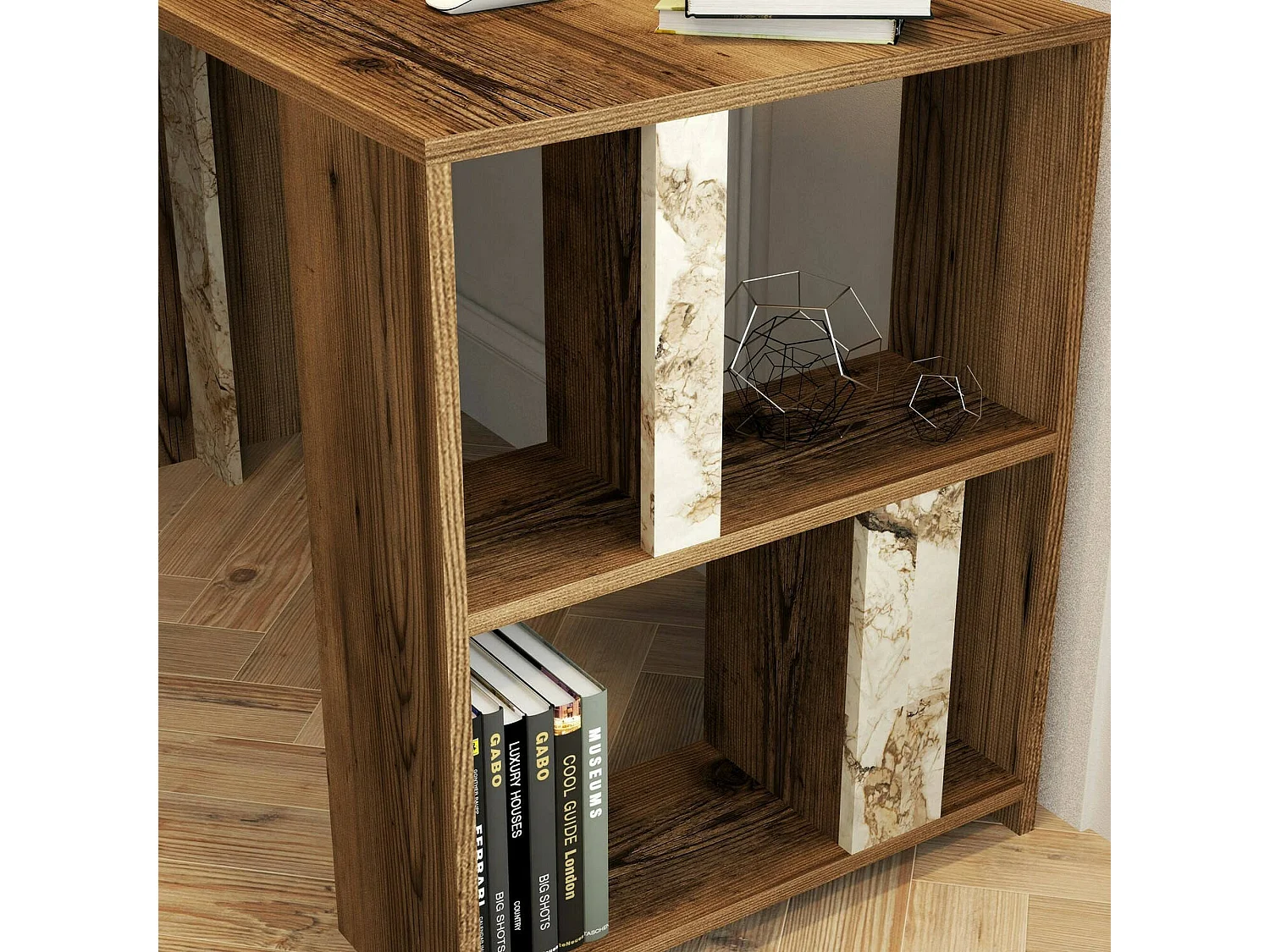 Bureau Schedar, Pupitre polyvalent, Table de bureau pour PC, Plan de travail, 120x60h75 cm, Noyer et Marbre Blanc