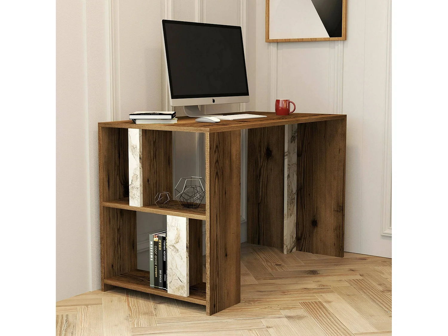 Bureau Schedar, Pupitre polyvalent, Table de bureau pour PC, Plan de travail, 120x60h75 cm, Noyer et Marbre Blanc