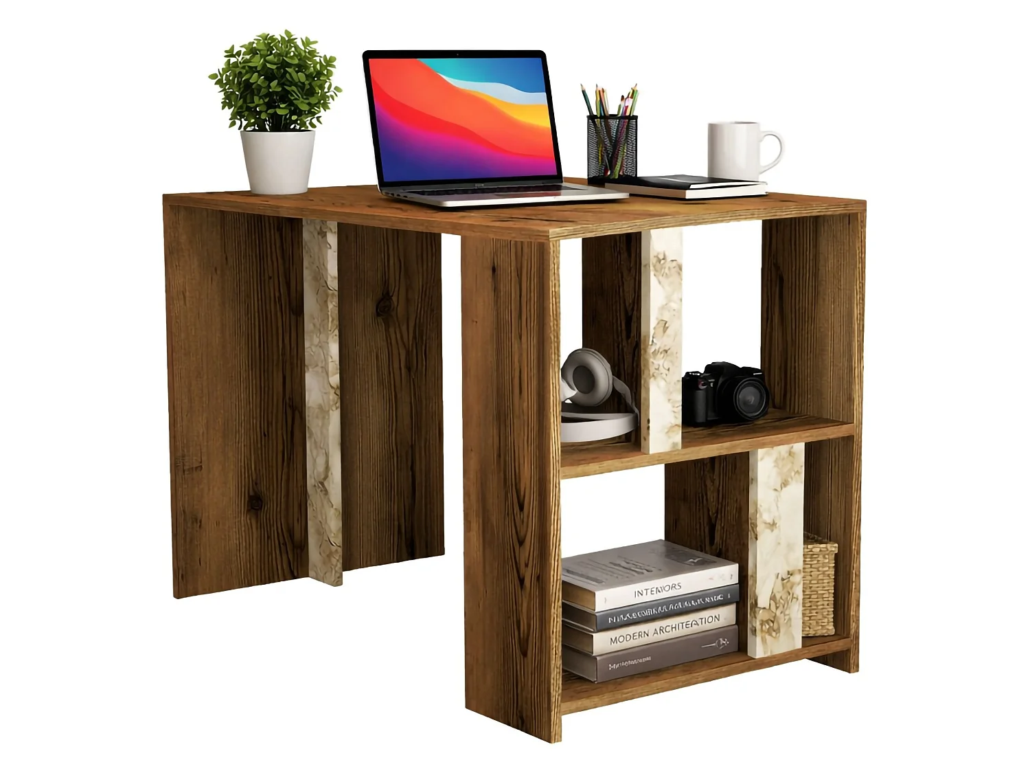 ScrivaNia Dpican, Multifunctioneel tafel, PC-kantoortafel, Aanrecht, 120x60h75 cm, Walnoot en Wit Marmer