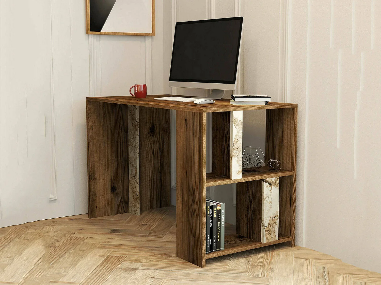 ScrivaNia Dpican, Multifunctioneel tafel, PC-kantoortafel, Aanrecht, 120x60h75 cm, Walnoot en Wit Marmer