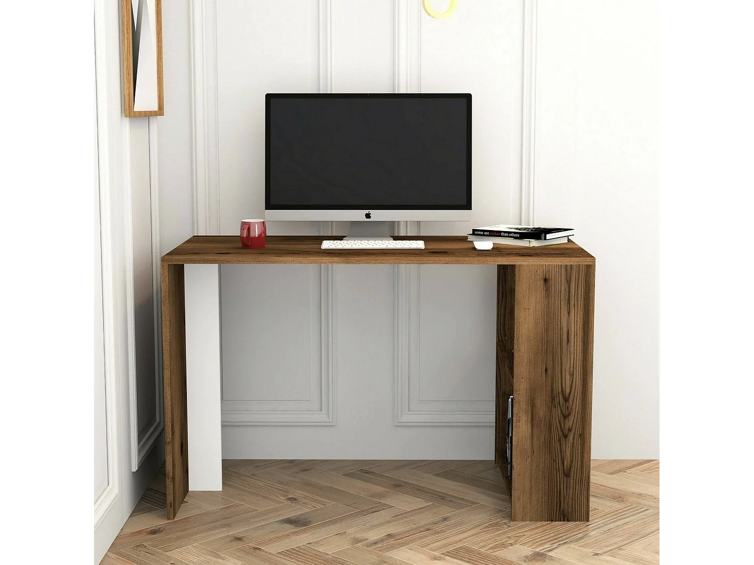 Bureau Schedar, Pupitre polyvalent, Table de bureau pour PC, Plan de travail, 120x60h75 cm, Noyer et Blanc