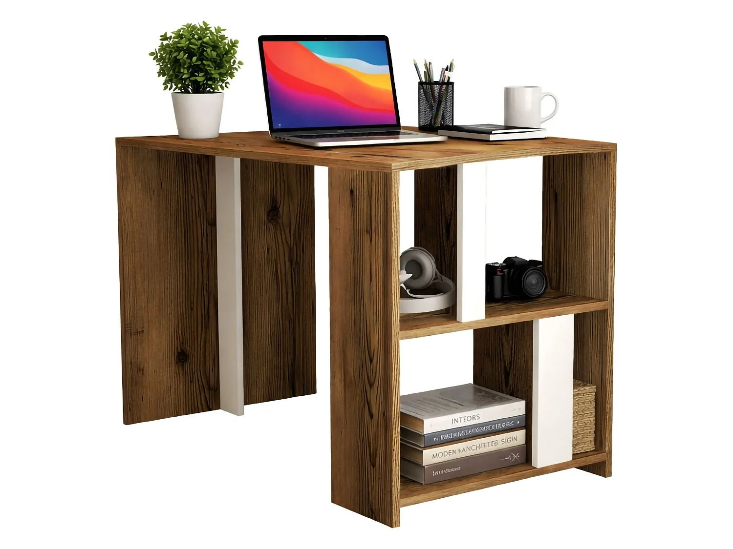 Schreibtisch Dpican, Mehrzweckschreibtisch, Bürotisch für PC, Eckschreibtisch, 120x60h75 cm, Walnuss und WeiÃŸ
