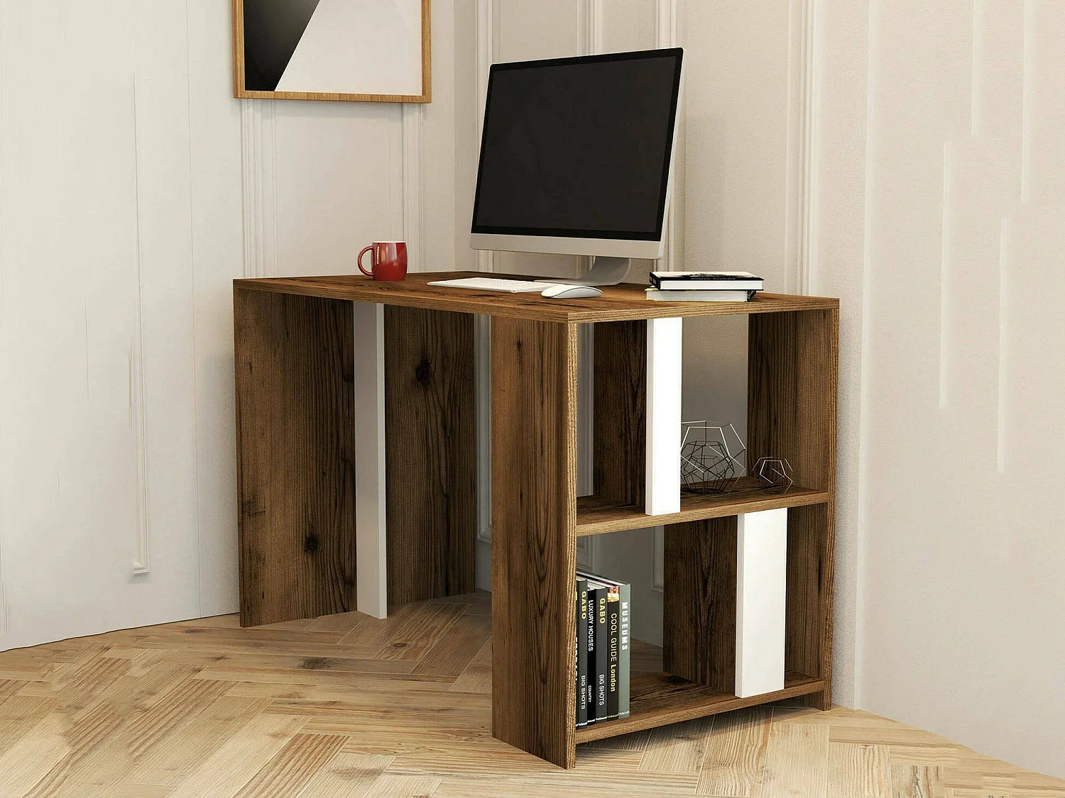 Schreibtisch Dpican, Mehrzweckschreibtisch, Bürotisch für PC, Eckschreibtisch, 120x60h75 cm, Walnuss und WeiÃŸ