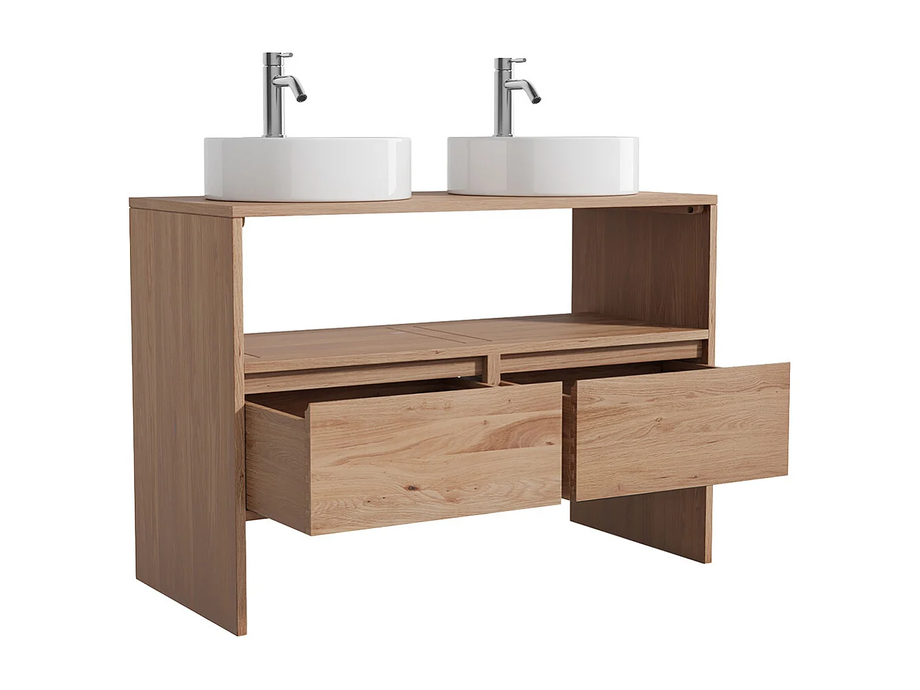 Unterschrank aus Massivholz Eiche mit rundem Aufsatzbecken und Armatur - Hell Natur - 110 cm - CAVIZO