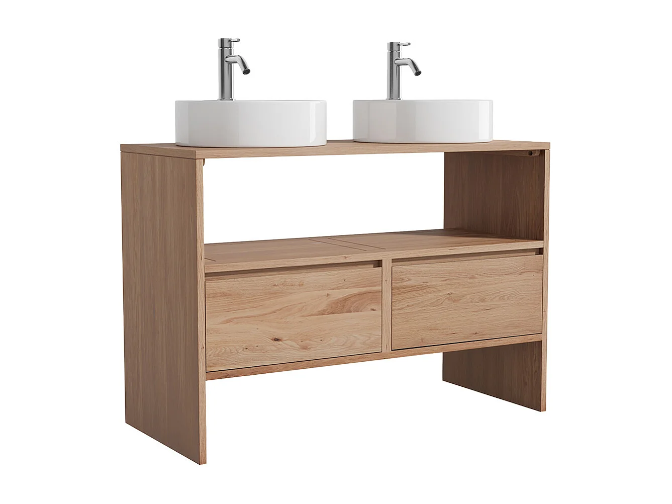 Unterschrank aus Massivholz Eiche mit rundem Aufsatzbecken und Armatur - Hell Natur - 110 cm - CAVIZO