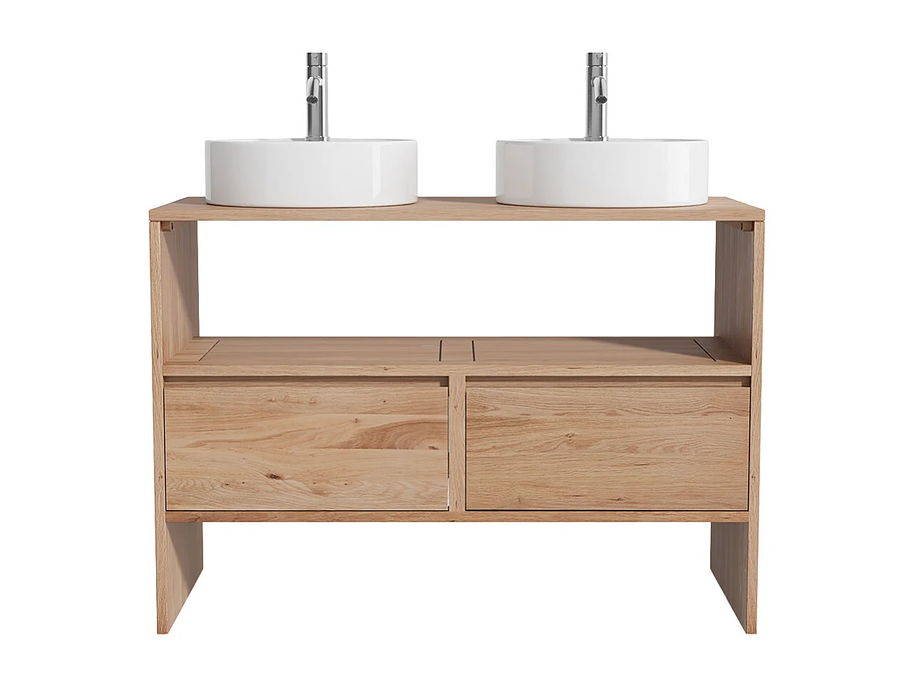 Unterschrank aus Massivholz Eiche mit rundem Aufsatzbecken und Armatur - Hell Natur - 110 cm - CAVIZO